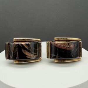 Vintage Gold Tone Black Bronze Swirl Glass Cufflinks Metallic Accents